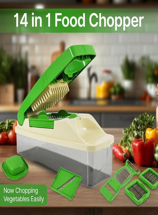 BLLUEX 14 in 1 Multipurpose Chopper, Fruits & Vegetable Cutters, Grater Peeler Chipser, Unbreakable Food Grade Body, Easy Push to Clean Button Slicer Dicer, Chopper for Kitchen (Green, Plastic) - Image 2